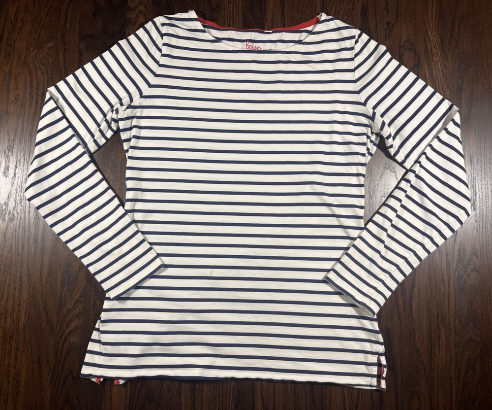 Boden Long Sleeve Breton Tee Shirt Boat Neck Striped Blue And White Size 8